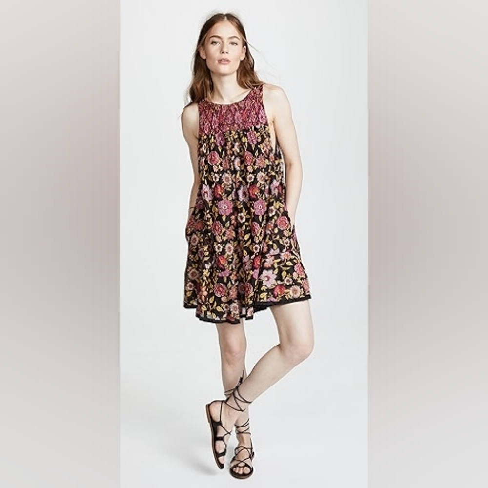 Free People Oh Baby Smocked Lined Sundress Black Pink Floral Pattern Sz M Boho